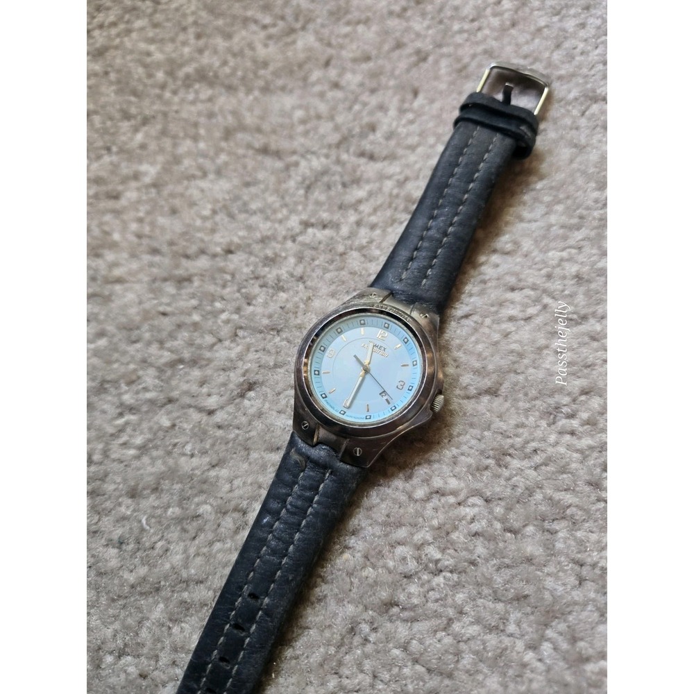 Timex Watch Mens Blue Dial Date Quartz Field Watch Black Leather Strap vtg